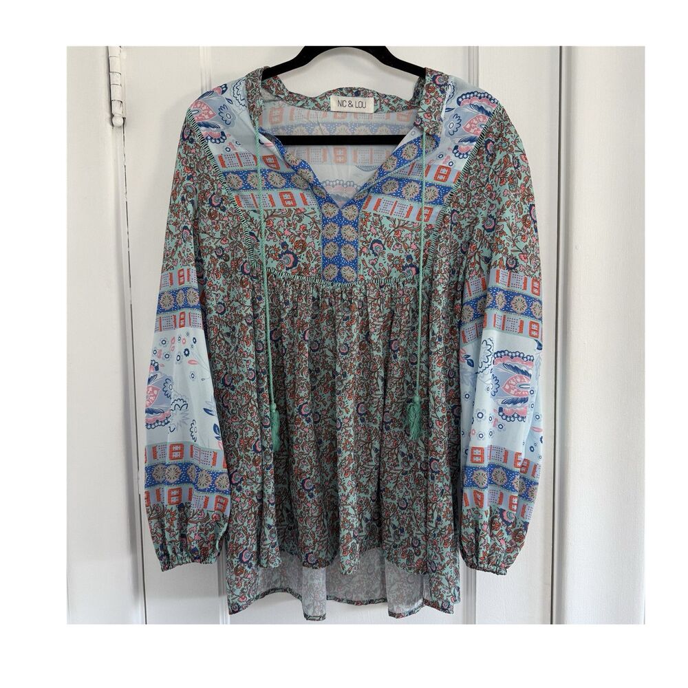 NIC & LOU Bohemian Floral Bubble Sleeve Patchwork Tunic Blouse M Boho Hippie